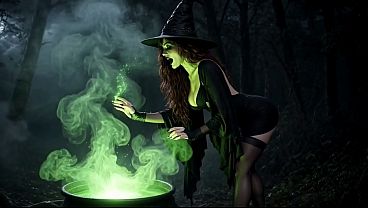 呪文とセックス - 黒いミニスカートのセクシーな魔女が森の中でブロンドと出会う、レズビアンプレイと魔法のセックス(AI生成)