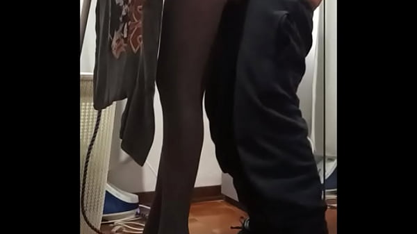 Milf gets fucked while ironing in heels and cums on pantyhose