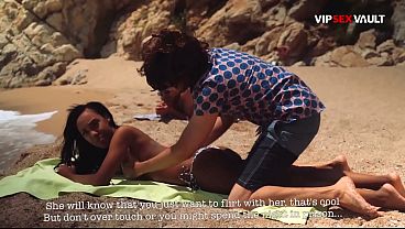 Oiled Up Ebony Babe Gets Her Tits and Ass Rubbed on a Public Beach