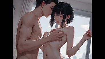 A sensual night unfolds on the top floor of a high-rise apartment building with a beautiful girl with black hair.