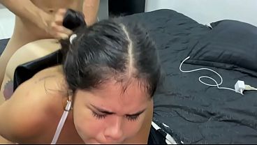 My busty stepsister woke up while I was masturbating, but I accidentally fucked her and came inside her pussy. Great trio