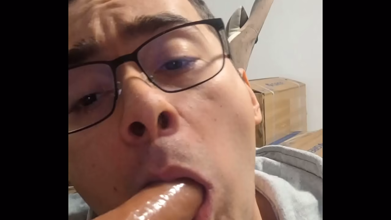College boy sucks daddy'_s cock until he cums in his mouth (dildo)