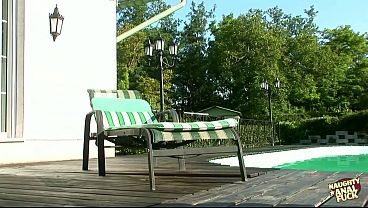 Blonde polishes herself by the outdoor pool as her boyfriend arrives for doggy style anal.