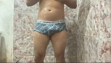Young guy in the shower with a hard-on. Guided masturbation.