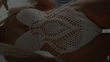 Stunning blonde shaking her curvy body in hot white lingerie, juicy nipples, tasty big ass, greedy hairy pussy, clitoris to lick.