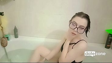 DATEZONE - Young babe in glasses and a black bra seduces in the bathtub