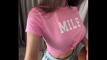 Stepmom with big tits in a pink T-shirt. I'm jerking off