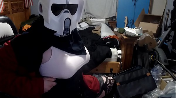 Crossdresser storm trooper mask spread eagle pu...