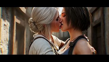 Ciri x Jill Valentine lesbian kissing (The Witcher, Resident Evil/ AI generated)