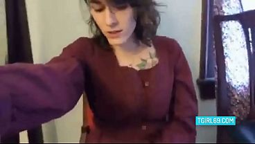 brunette tgirl strokes her cock 