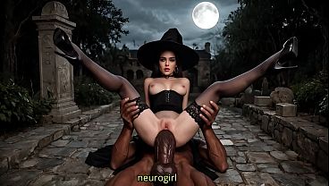 Busty little witch invited me on a date at a cemetery on the night before Halloween. BBC anal. Interracial big black monster cock anal tiny teen. (AI Generated)