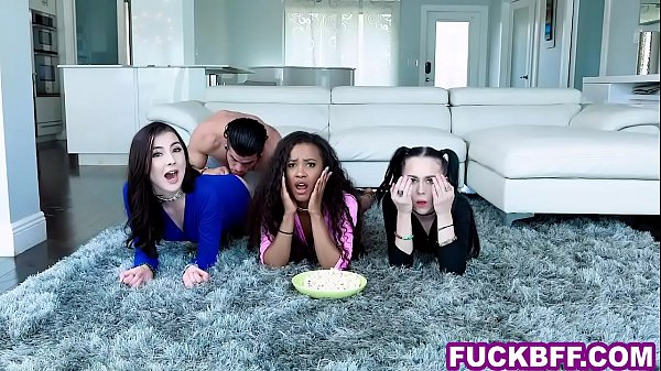 Teen best friends share a good cock on movie night