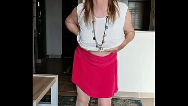 Mature Granny Large Natural Breasts Sexy Striptease Red Dildo Masturbates Legs Raised Dirty Talk Close Up Loud Orgasm