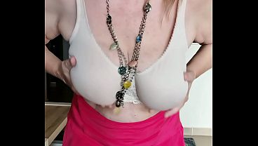 Mature Granny Large Natural Breasts Sexy Striptease Red Dildo Masturbates Legs Raised Dirty Talk Close Up Loud Orgasm