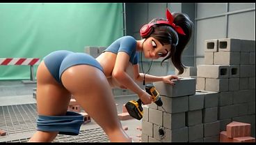 グラマラスな体型の建設作業員美女がスタジオセッションでドリルを手に、服を脱ぎ、挑発的なポーズをとる(AI生成)