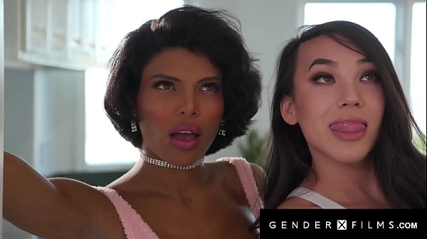 Trans Latina & Ebony GF Spitroast Tatted Cock - Kasey Kei, Lola Morena - GenderXFilms