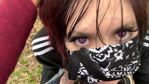 Emo slut gets fucked on tree stump in public