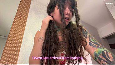 The dirty giantess sits on your face after training but forbids you to cum