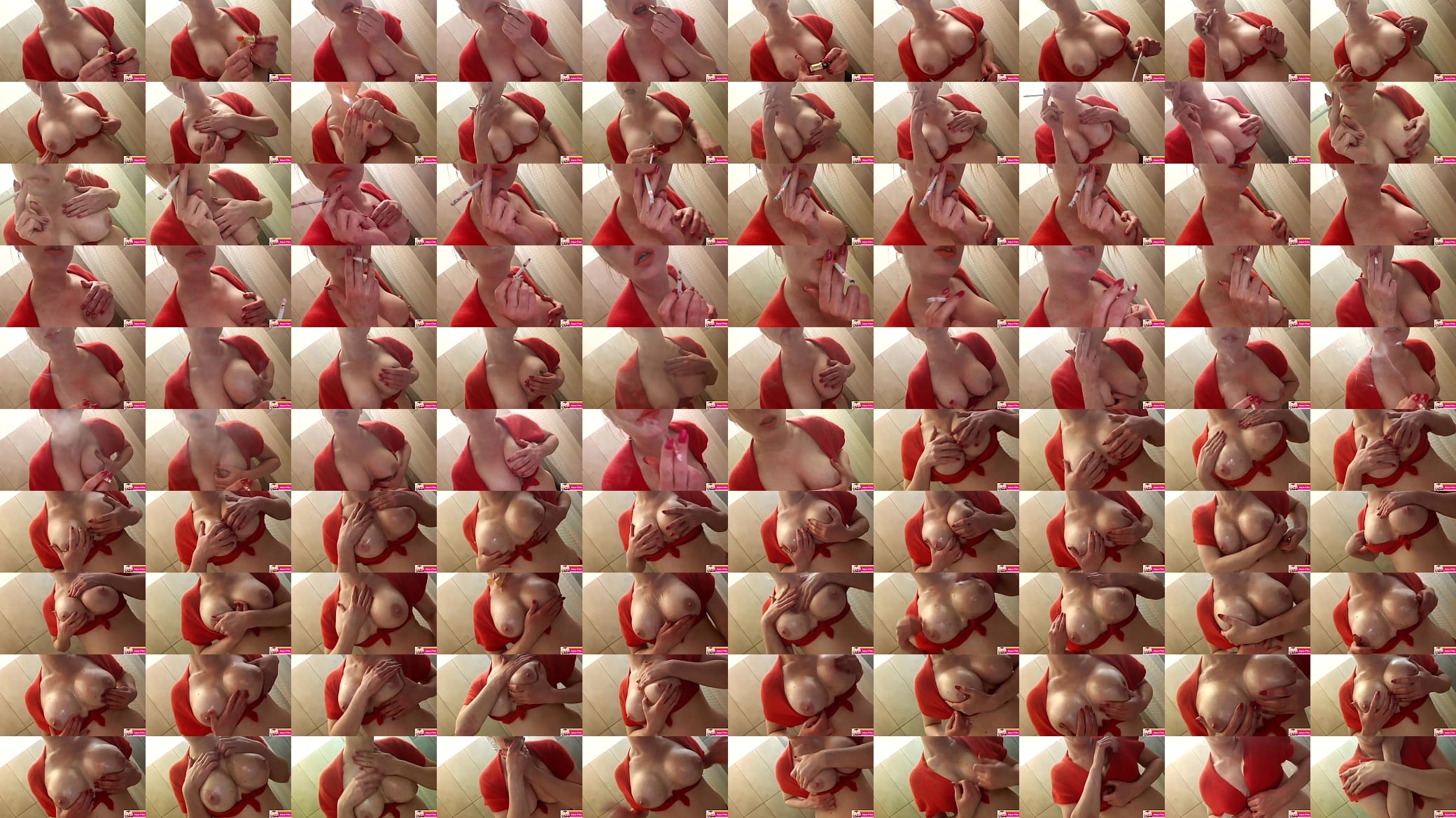 Big Tits MILF make Red Lips and Smoking and Play with Tits next Oiled Boobs 预览图