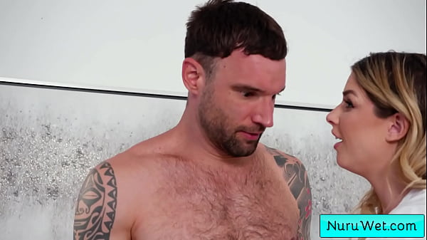 Sexy blonde teen masseuse cover her naked body in nuru gel and rub her tits on her client - Alex Legend, Riley Reign