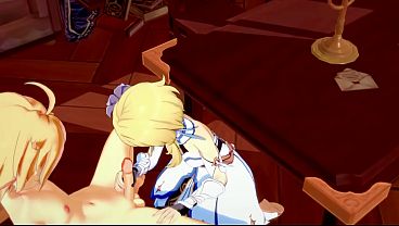 Genshin Impact Hentai - Aether and Lumine Handjob and Fucked with creampie in her pussy - Japanese Video Game Porn Animation 3D