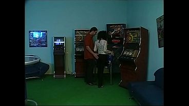 first he slams her on the pinball machine then he fucks her on the couch