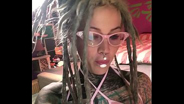 Hot Solo Tattooed Babe with Glasses Plays with Creamy Pussy & Dildo