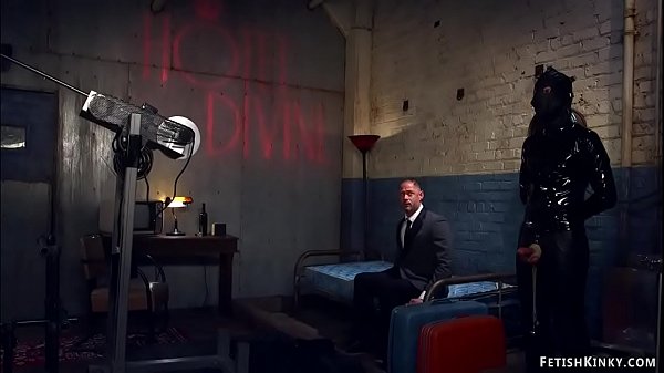 Mistress fucks bound man with machine