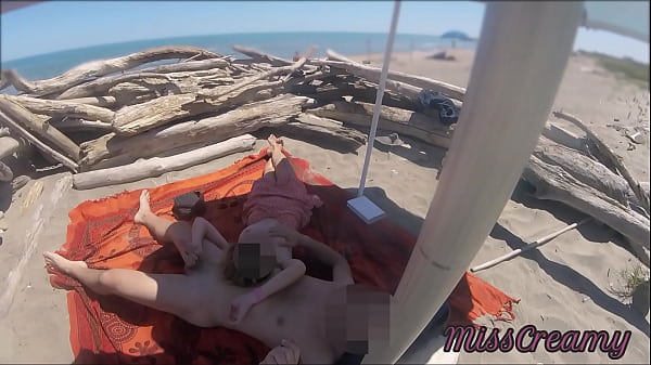 Voyeur watching us while my hot teacher masturbating and cumshot cock in nudist beach public risky public sex caught handjob by stranger p2 misscreamy
