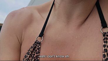 I seduce my neighbor by the pool and he fucks me in the bathroom