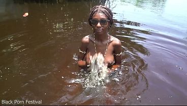 Cumshot on African tribe perfect tits in her village