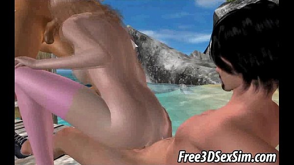 3D blonde babe getting double teamed on the beach