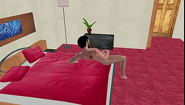 アニメーション3Dゲイポルノ - ハンサムな男性がベッドでチンポを振り、床でアナルを指で弄ぶ