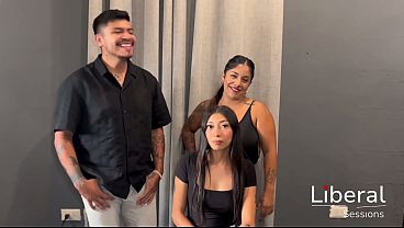 Slim girl experiencing her first threesome ends up swapping with a guy with a huge penis