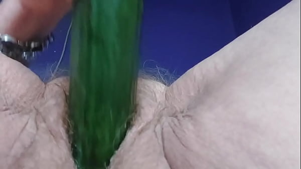 Granny fucks hairy pussy and ass with cucumber