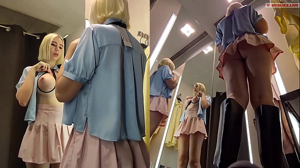 Hidden camera in fitting room. Upskirt View on juicy pussy. Public fetish