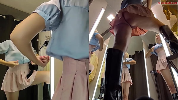 Hidden camera in fitting room. Upskirt View on juicy pussy. Public fetish