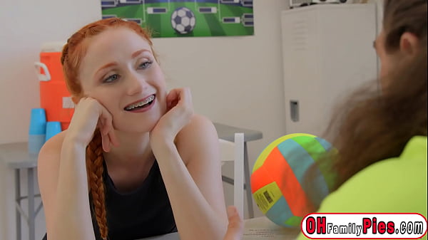 Petite redhead Scarlet Skies fucks her coach and swallowed his huge cock