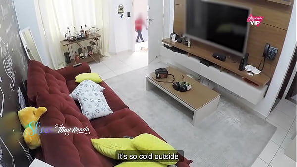 Hot wife welcomes the TV technician in a very provocative outfit and lets him cum on her - with English subtitles