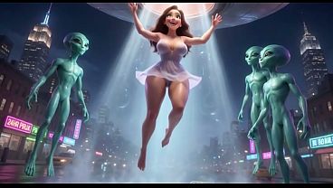 Beautiful New York Woman Passionately Helps Three Excited Aliens Achieve Relief (AI generated)
