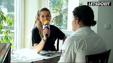 Blonde German MILF Interviews Him at the Table... Then She Starts Begging for His Cock