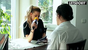 Download Video - Blonde German MILF Interviews Him at the Table&period;&period;&period; Then She Starts Begging for His Cock