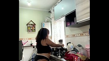 Chubby Latina Cooking in Panties Shirt Big Ass Fat Belly Jiggle