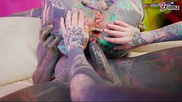 Two Heavily Tattooed Girls Worship One Hard Inked Cock