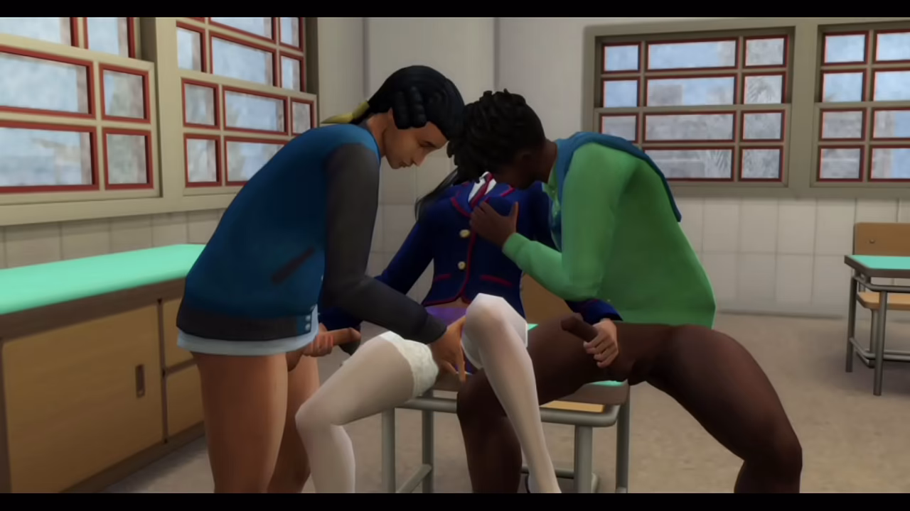 Gabby blowbanged and bukkaked by college professor and students during class.