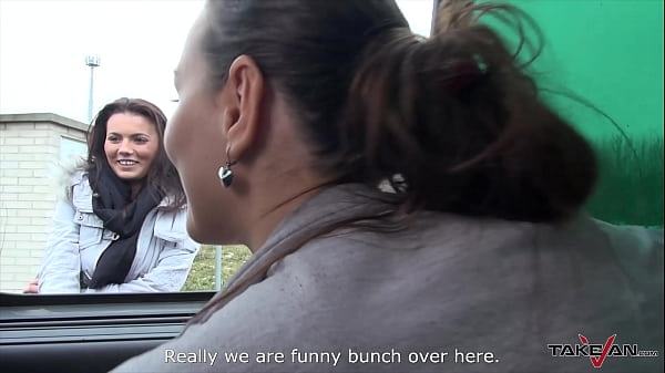 Sexy cutie get into the car and enjoy horny group fuck, three babes on one dude