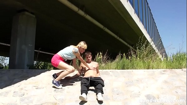 Athletic blonde granny sucks and fucks under the bridge