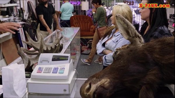 Blonde fucked in the pawnshop while making out with lesbian