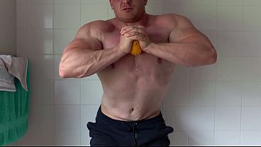 Solo Male - Muscular Jock Fruit Squishing and Jerking to Handsfree Cumshot