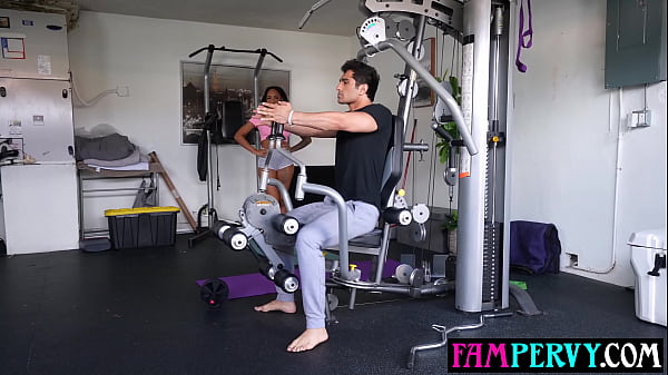 Big tits Ebony MILF stepsisters workout routine with hung stepbro